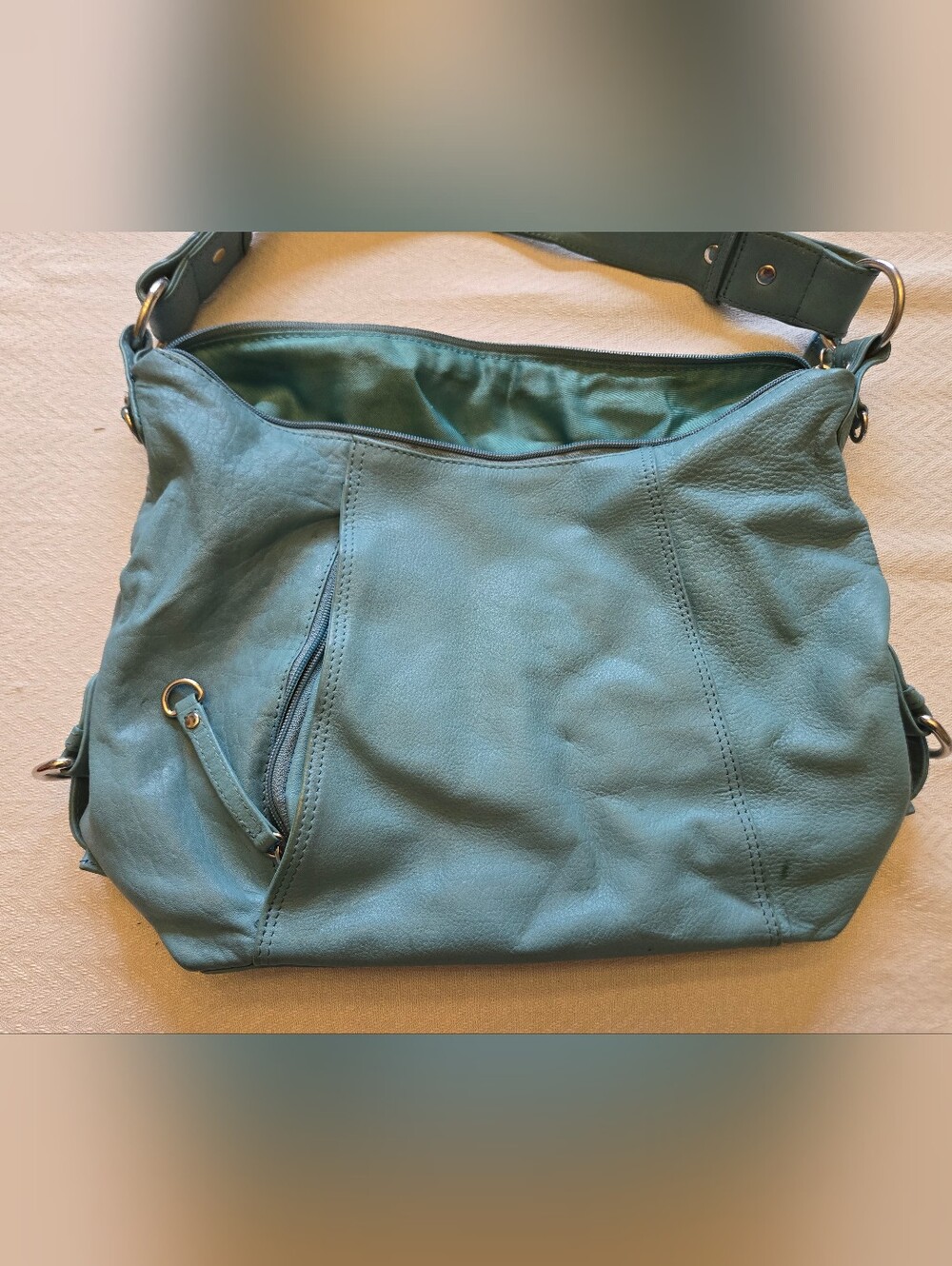 Teal Leather Shoulder Bag with Front Zip Pocket